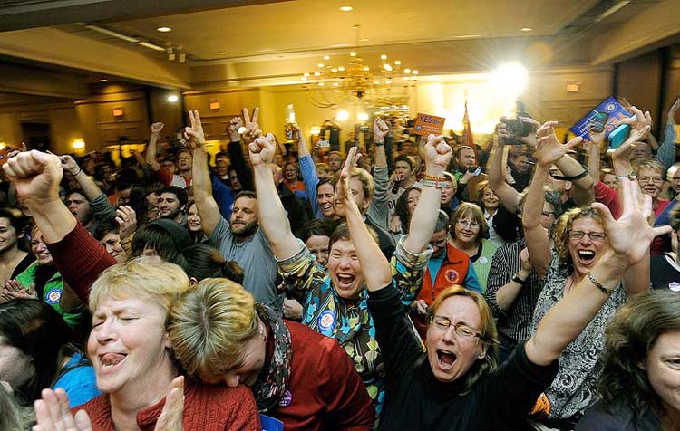 People celebrate after learning same sex marriage had passed at the Mainers United for Marriage party at the Holiday Inn by the Bay Tuesday, November 6, 2012.