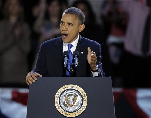 FILE - This Nov. 7, 2012 file photo shows President Barack Obama speaks at his election night party, in Chicago. Fresh from his re-election, President Barack Obama will embark on a trip to Southeast Asia and become the first U.S. president to visit Cambodia as well as the once pariah nation of Myanmar where he will hail the country�s shift to democracy after five decades of ruinous military rule. (AP Photo/Chris Carlson, File)