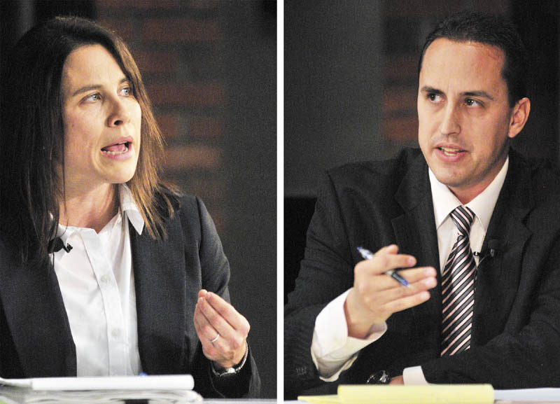 Candidates Maeghan Maloney, left, and Darrick Banda answer questions during the district attorney of Kennebec and Somerset counties debate, on Thursday night at Jewett Hall on the campus of University of Maine at Augusta.