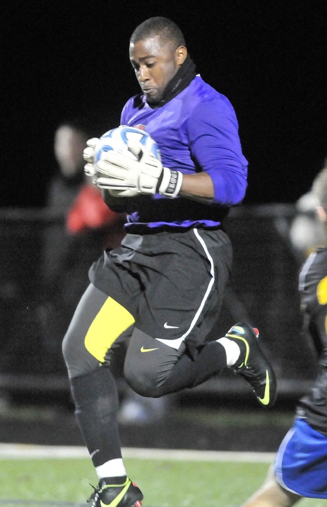 LEADING THE WAY: Goalkeeper Mikkail Crockwell is a vocal leader on the Thomas College men’s soccer team. A native of St. David’s, Bermuda, Crockwell did not allow a goal in the North Atlantic Conference tournament.