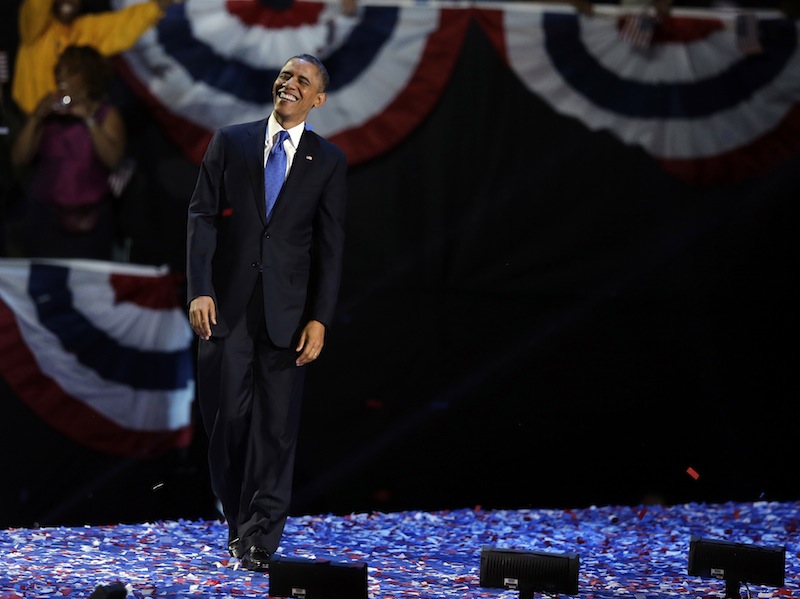 President Barack Obama XXX at his election night party Wednesday, Nov. 7, 2012, in Chicago. President Obama defeated Republican challenger former Massachusetts Gov. Mitt Romney. (AP Photo/Chris Carlson)