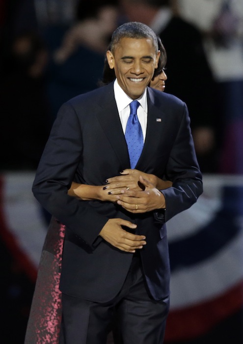 President Barack Obama XXX at his election night party Wednesday, Nov. 7, 2012, in Chicago. President Obama defeated Republican challenger former Massachusetts Gov. Mitt Romney. (AP Photo/Chris Carlson)