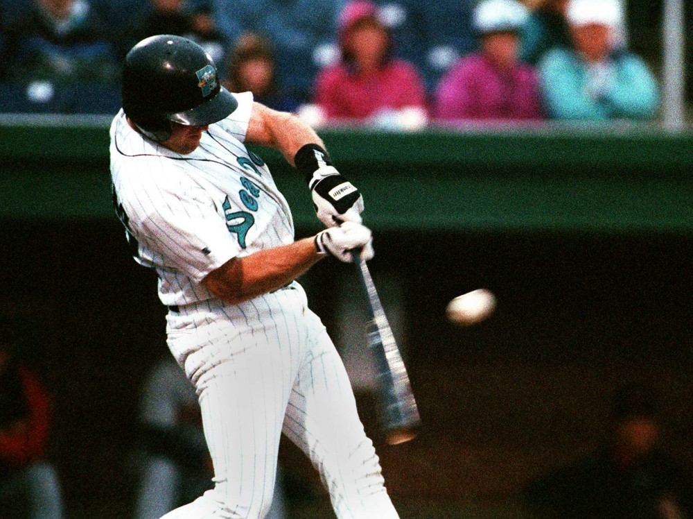 Sea Dog catcher MIke Redmond makes contact with the ball for an out during baseball action at Hadlock Field in a game against the Canton-Akron Indians on Monday, June 3, 1996. Merry Farnum