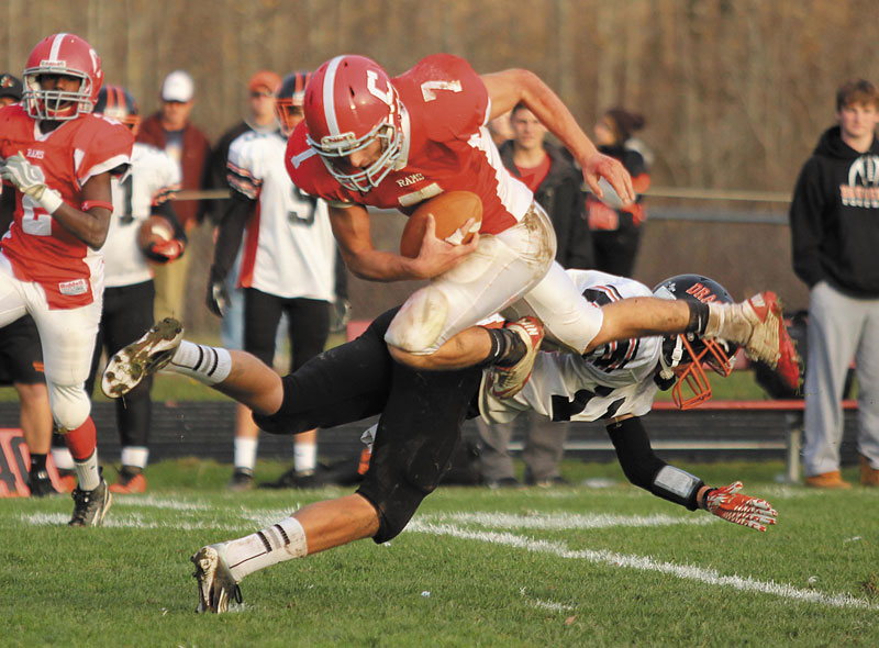 Chandler Shostak (7) and the Cony High School football team face Lawrence in the Pine Tree Conference Class A title game today in Fairfield.
