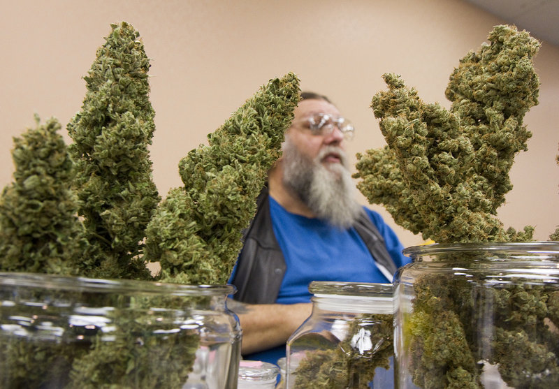 Sage Peterson of Canuvo Medical Marijuana Dispensary in Biddeford displays medical marijuana his company grows and supplies, during the Home Grown Maine trade show for medical marijuana vendors, caregivers and others, at the Holiday Inn By The Bay in Portland on Saturday.