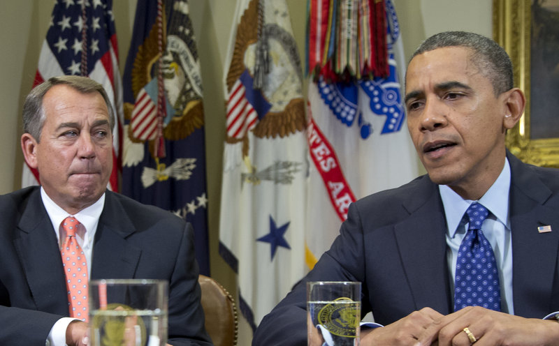 President Obama, accompanied by House Speaker John Boehner, R-Ohio, speaks to reporters at the White House on Friday. More than $600 billion in higher taxes and across-the-board spending cuts will kick in for the coming year Jan. 1 without a deal in Washington to reduce the federal deficit. Maine could realistically expect to lose 6,000 to 10,000 jobs if the spending cuts go through, USM economist Charles Colgan estimated.