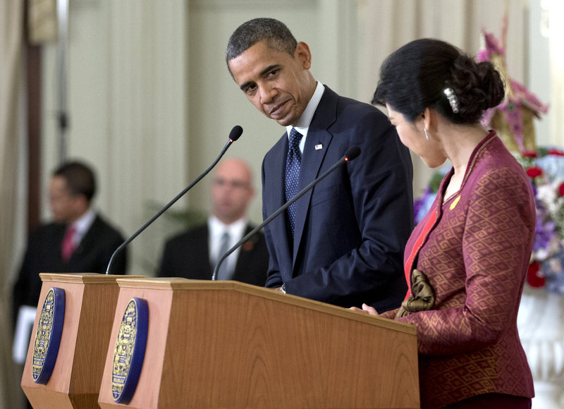 President Obama and Thai Prime Minister Yingluck Shinawatra acknowledge each other at a news conference in Bangkok, Thailand, on Sunday.