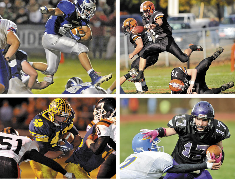OLD FOES: Lawrence’s Anthony Sementelli, top left, Winslow’s Joe Hopkins, top right, Mt. Blue’s Chad Luker, bottom left, Waterville’s Brian Bellows will lead their teams, all former members of the Pine Tree Conference, will play in regional title games this weekend.