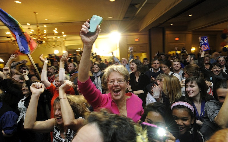 People celebrate after learning same sex marriage had passed at the Mainers United for Marriage party at the Holiday Inn by the Bay Tuesday, November 6, 2012. The Supreme Court will take up California's ban on same-sex marriage, a case that could give the justices the chance to rule on whether gay Americans have the same constitutional right to marry as heterosexuals.