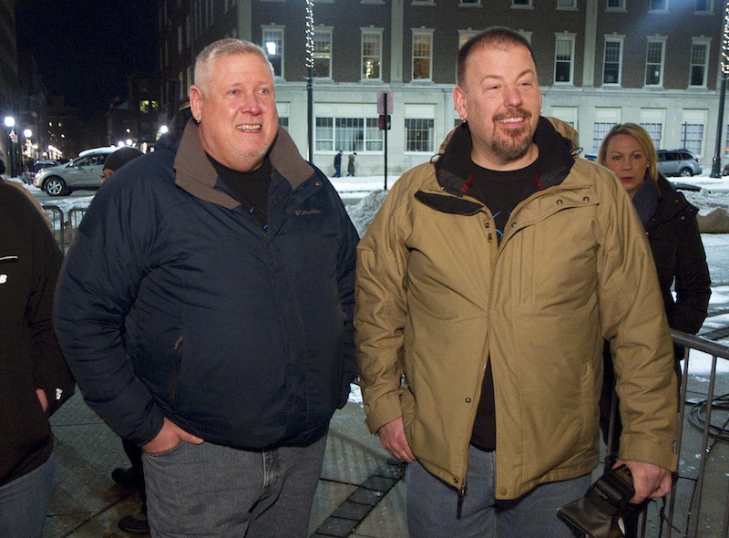 Michael Snell and Steven Bridges of Portland wait in line at Portland City Hall to be the first gay couple in Maine to be married on Friday, Dec. 28, 2012.