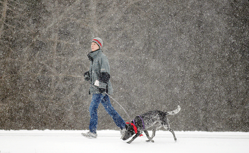 AND MORE SNOW: Carey Groleau, of Bangor, sprints her dog through the snow storm that descended upon Maine Thursday in West Gardiner. Several inches are expected to fall, closing state offices. Groleau was taking a break from driving to Texas to get her canine some exercise.