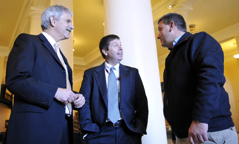 Sen. Michael Thibodeau, R-Winterport, right, Rep. Kenneth Fredette, R-Newport, center, and Sen. Roger Katz, R-Augusta, will lead the Republican caucus during the 2013 legislative session. The men spoke before a budget meeting Thursday at the State House.