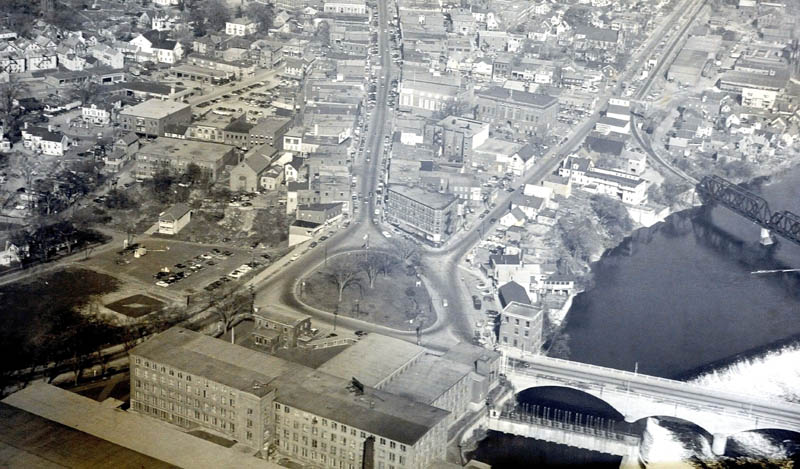 An aerial view of the Hathaway intersection, showing the old rotary and two-way traffic in downtown Waterville.