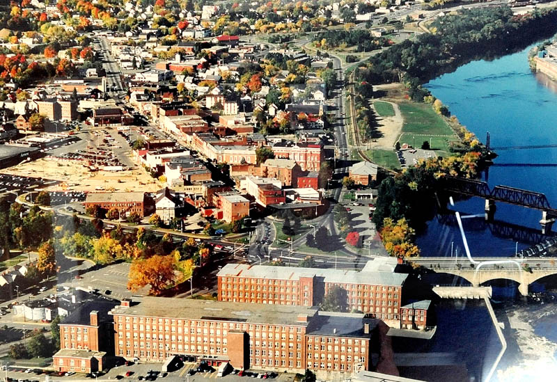 An aerial view of the Hathaway intersection in downtown Waterville, showing the current traffic patterns.