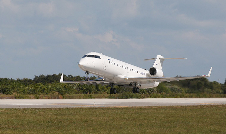 Elite Airways' currently uses two 50-seat CRJ-200 regional jets like this to operate charter flights for college sports teams. The airline is hoping to add a 70-seat regional jet and a Boeing jet, either a 737 or 757.