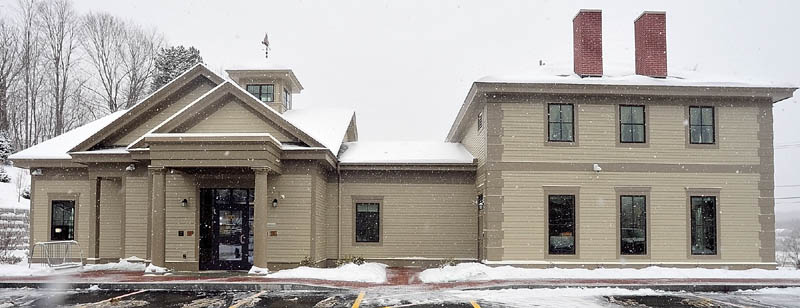 The new Kennebec Savings Bank branch, at the corner of Main and Northern Avenues in Farmingdale, as it appeared on Wednesday. The building was designed to resemble the house that was demolished earlier this year on the same lot.