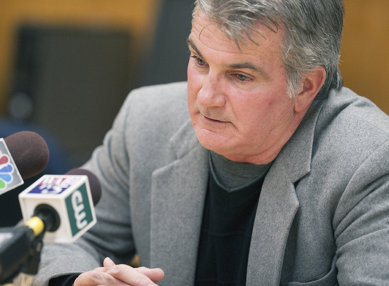 UMaine head football coach Jack Cosgrove composes himself as he speaks to members of the media Saturday regarding the announcement of the death of former UMaine player Jovan Belcher, 25, of an apparent self-inflicted gunshot Saturday morning in Kansas City, Mo.