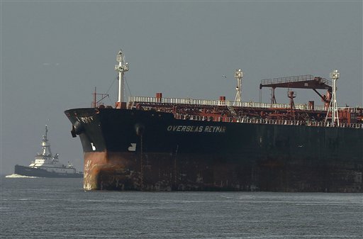The empty oil tanker Overseas Reymar navigates San Francisco Bay on Monday after it struck the San Francisco-Oakland Bay Bridge. There were no reports of leaking oil and the bridge remained open to traffic, officials said.