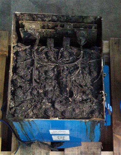 This photo provided by the Japan Transport Safety Board shows the damaged main lithium-ion battery of the All Nippon Airways' Boeing 787 that made an emergency landing on Wednesday.