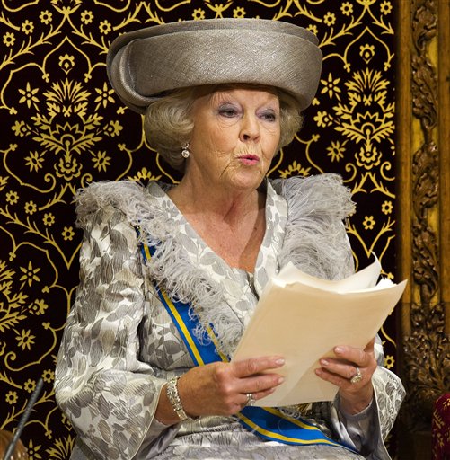 Queen Beatrix formally opens the new parliamentary year with a speech in The Hague, Netherlands, in this Sept. 20, 2011, photo.