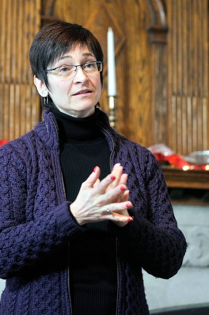 Rep. Gay Grant, D-Gardiner, speaks during a fireside chat with constituents on Saturday in the Hazzard Reading Room at the Gardiner Public Library.