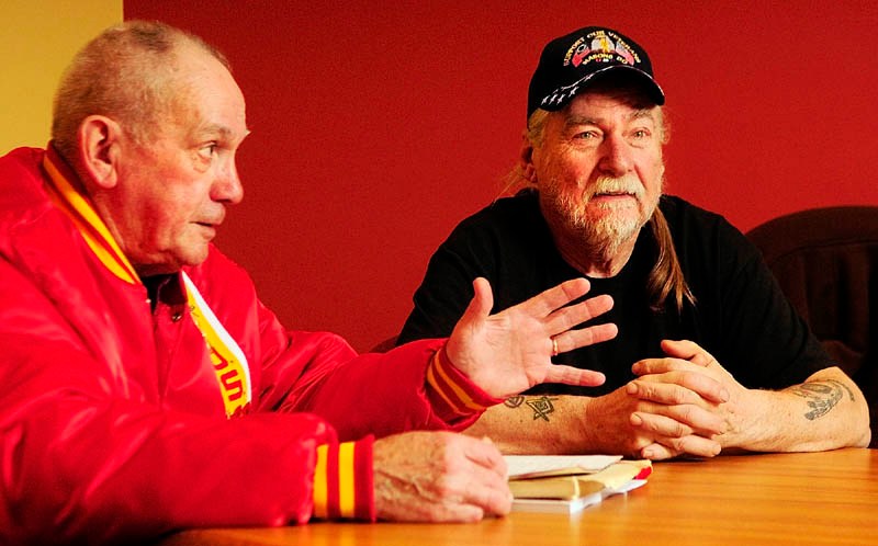 Marine Corps veterans Ralph Sargent, left, and Bill Witt speak on Thursdayabout their service during the siege of Khe Sahn, in an interview in Augusta.