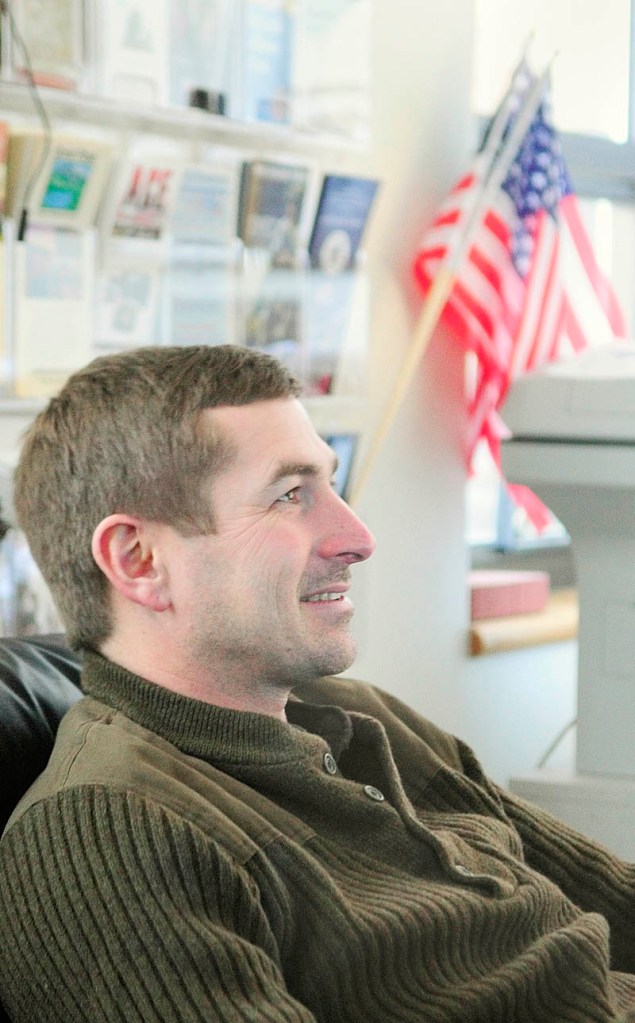 Charles Thompson, an Army veteran from Freeport, talks with reporters at the Veteran's Lounge in the Randall Center at University of Maine at Augusta Thursday.
