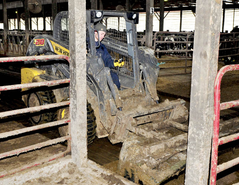 Stonyvale Farm worker Joachin Hershbine pushes cow manure into a transport system that takes the manure to a digester, where it is mixed with food waste. The gases produced are used to power an electric generator at the Exeter farm.