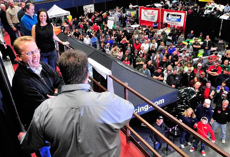 Ricky Craven, left, talks with show promoter Steve Perry after being introduced as one of the Top 25 people in regional racing during the Northeast Motorsports Show on Friday at the Augusta Civic Center.