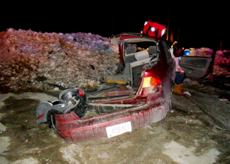 The 1999 Toyota Corolla being driven by Chynna Blaney was destroyed in a collision with a large pickup Thursday evening, and the impact ripped off the rear quarter of the car, dislodging the infant seat that Blaney's 6-month-old was using.