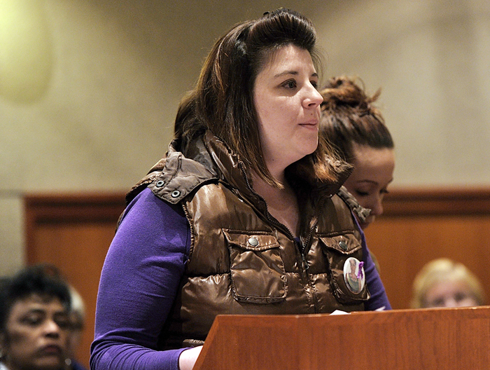 Amanda Moon, Renee Sandora's best friend, speaks before the sentencing of Joel Hayden for killing the mother of his four children, Renee Sandora, and his best friend, Trevor Mills.