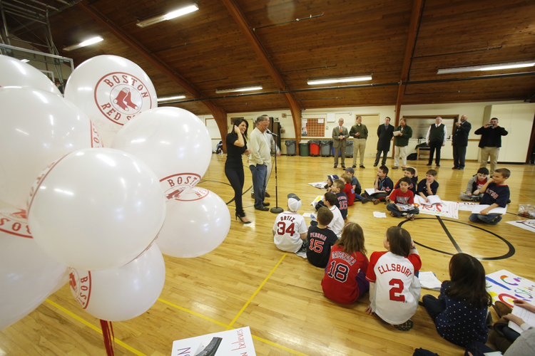 St. Brigid School third-graders were dressed in Red Sox and Sea Dogs attire during the NESN announcers' visit on Thursday. Remy told them, "you better pay attention," saying good questions would merit an A.
