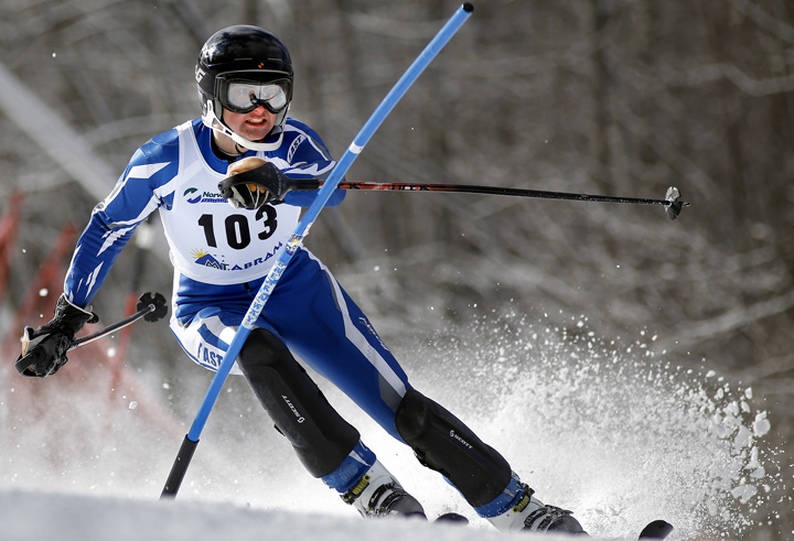 Ian Shea of Fryeburg Academy keeps his eye on an upcoming gate. Shea finished 13th in slalom.