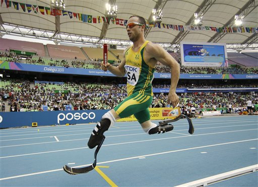 South Africa's Oscar Pistorius competes in a qualification round for the Men's 4x400m relay at the World Athletics Championships in Daegu, South Korea, in this Sept. 1, 2011, photo.