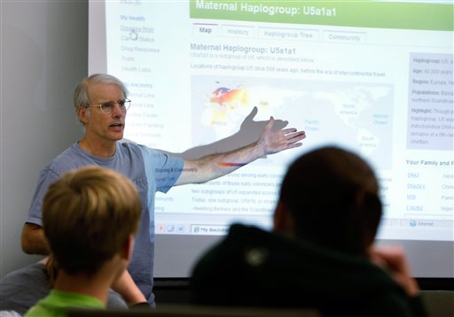 University of Iowa Professor Jeff Murray talks about his genetic profile during his honors seminar on personal genetics in which students had the option of sending saliva samples so a testing company could use DNA to unlock some of their most personal health and family secrets.