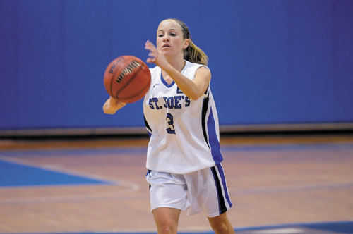 LEAVING IT ALL ON THE COURT: Cony High School graduate Mackenzie Dufour averages 4.7 points, 3.2 assists and 2.4 rebounds per game for St. Joseph’s.