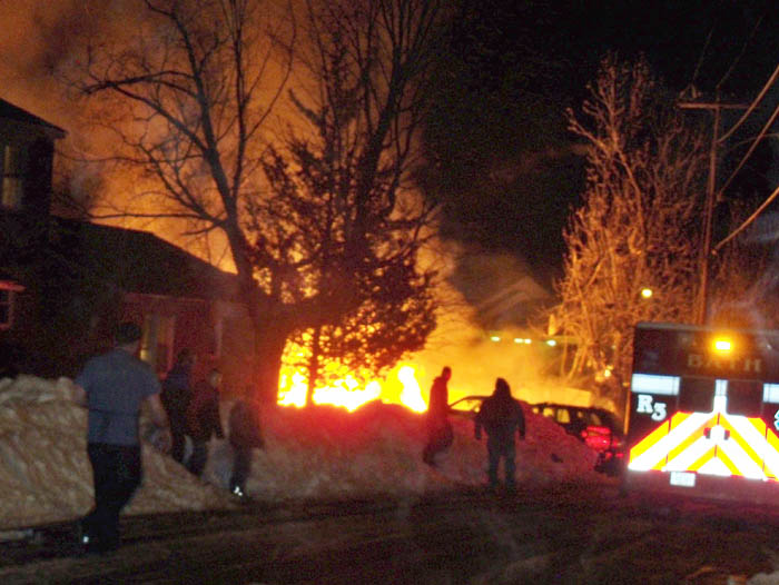 The scene this morning shortly after a suspected propane explosion leveled a duplex at 31-29 Bluff Road.