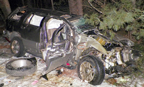 Police said a 2003 Mercury Mountaineer rolled over and crashed into trees early Wednesday morning in Vienna, killing the driver, Hilda Howe, 36, of Farmington Falls.