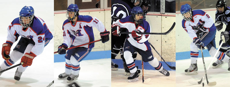 SOLID BEHIND THE BLUE LINE: Defensemen (left to right) Tyler Simpson, Dom Dexter, Sam Bell and Dylan Burton are a key reason the Messalonskee boys hockey team is the top seed in Eastern B and playing in the regional semifinals.