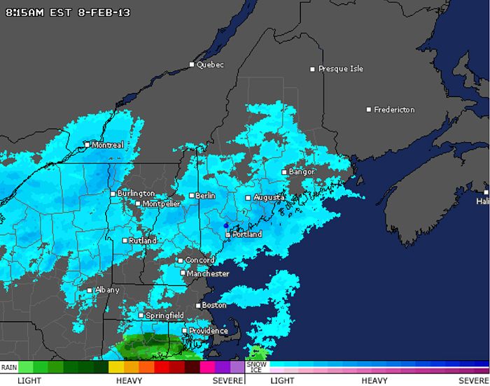 For more detail, click to enlarge this image showing the storm system over New England at 8:15 a.m. Friday. A blizzard of potentially historic proportions threatens to strike the Northeast with a vengeance on Friday with 1 to 2 feet of snow feared along the densely populated Interstate 95 corridor from the New York City area to Maine.