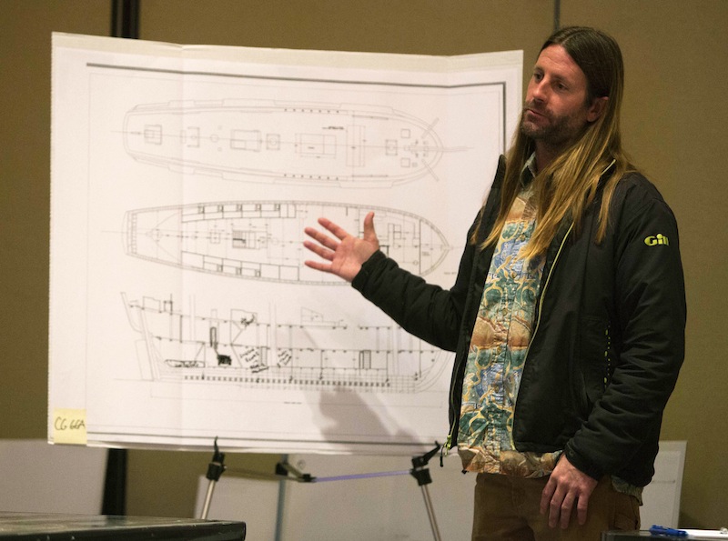 Chief mate of the HMS Bounty John Svendsen, answers a question after pointing out where the Bounty was taking on water at a federal safety panel hearing on the sinking of the ship on Feb. 12, 2013, in Portsmouth, Va.