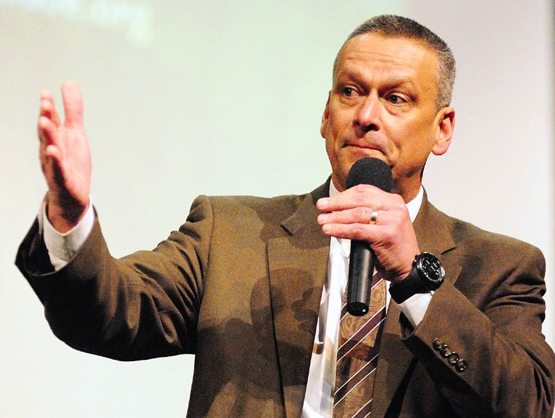 Dr. Tony Bennett, Florida education commissioner, delivers the keynote speech during the Governor's Conference on Education on Friday at Cony High School in Augusta.