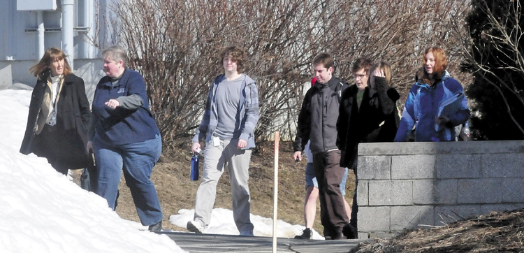 Students were evacuated from the campus at Kennebec Valley Community College in Fairfield on Tuesday, after the word "bomb" was discovered in a ladies' room in Carter Hall.