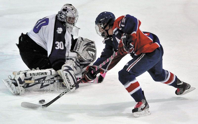 MAKING A RUN: Chase Cunningham, right, and the Messalonskee boys hockey team face Greely in the Class B state championship game at 1 p.m. today at the Androsocggin Bank Colisee. The game is a rematch of last year’s final, which Greely won 6-2.
