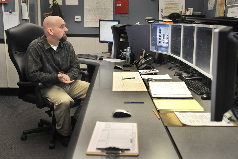 Peter Fickett, a controller at Portland Pipe Line, monitors aspects of the oil flow between South Portland and Montreal during his 12-hour shift in the company’s control room.