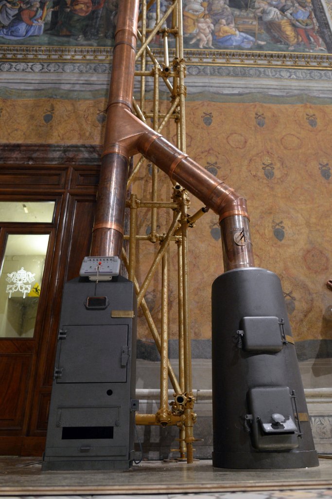 The stoves where the ballots will be burned are shown inside the Sistine Chapel. A chimney will pipe out puffs of smoke to tell the world if there’s a new pope. Black smoke means “not yet.” White smoke means ‘’pope elected.” When Vatican firefighters hoisted the chimney to its perch, it was a visual cue that preparations for the conclave to elect retired Pope Benedict XVI’s successor were in high gear.