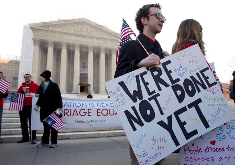 Supporters of gay marriage rally in front of the Supreme Court. Justices suggested in this week’s hearings that they might allow same-sex marriage to resume in California.