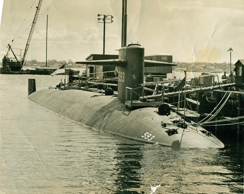 This photograph of the USS Thresher was probably taken in Newport, R.I. It was the nation’s newest and most advanced nuclear submarine.