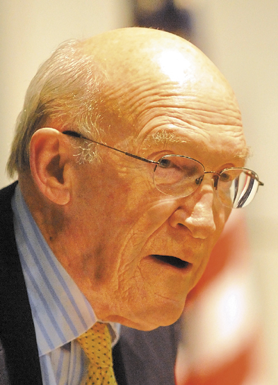 Former U.S. Senator Alan K. Simpson delivered the 2013 George J. Mitchell Distinguished International Lecture at Ostrove Auditorium at Colby College Wednesday.