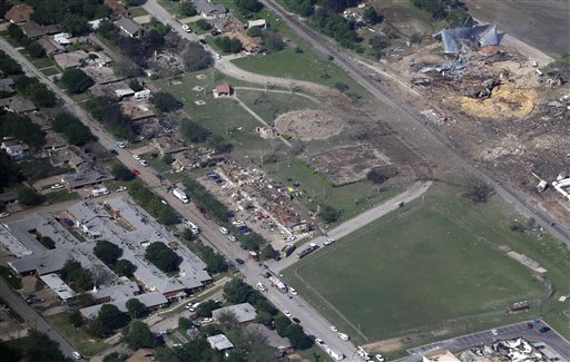 This photo taken on Thursday shows the remains of a nursing home, left, apartment complex, center, and fertilizer plant, right, destroyed by the explosion in West, Texas.